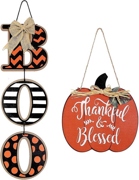 Boo Sign And Wood Pumpkin Thankful And Blessed Sign Harvest Fall Halloween Decor Carousel 1
