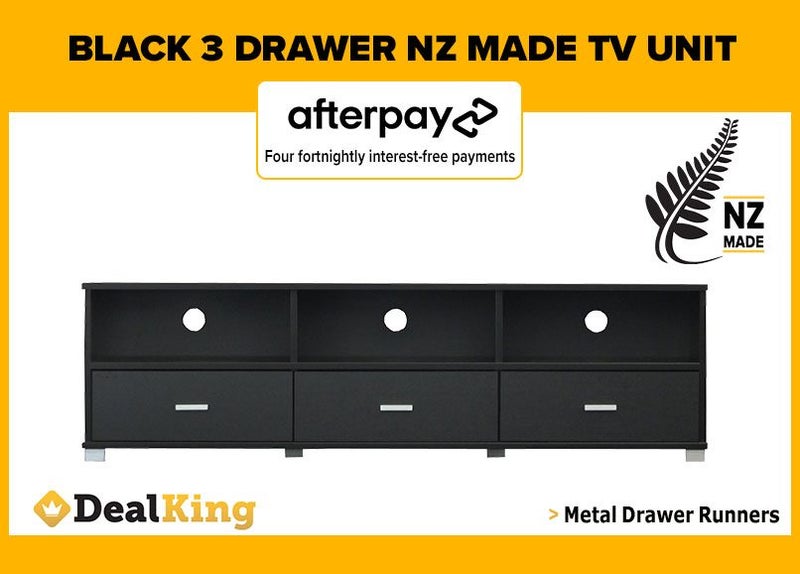 • BLACK FULLY ASSEMBLED 3 DRAWER NZ MADE TV UNIT $389 • Carousel 1