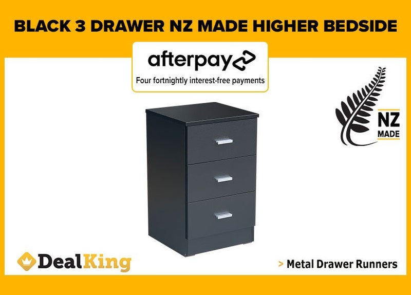 • BLACK FULLY ASSEMBLED 3 DRAWER NZ MADE HIGHER BEDSIDE $210 • Carousel 1