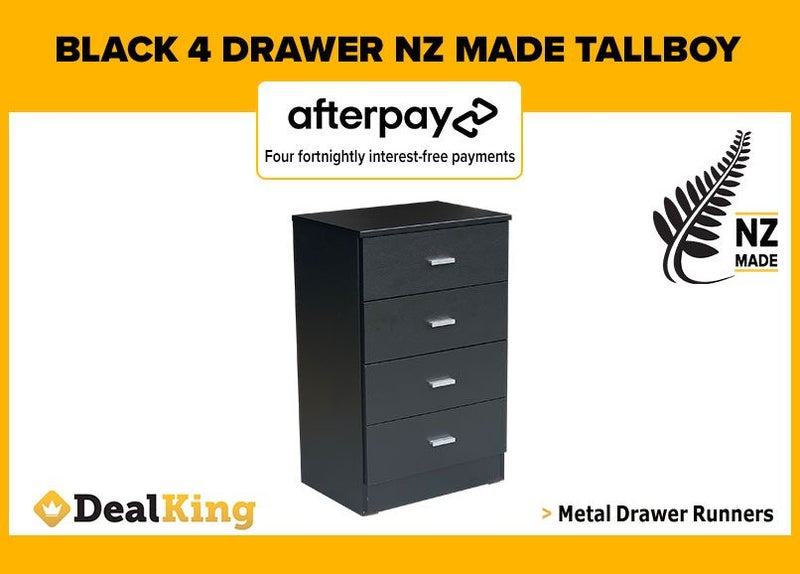 • BLACK FULLY ASSEMBLED 4 DRAWER NZ MADE TALLBOY $249 • Carousel 1