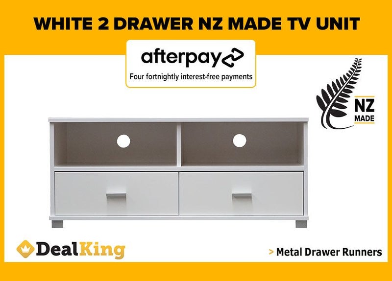 • WHITE FULLY ASSEMBLED 2 DRAWER NZ MADE TV UNIT $289 • Carousel 1