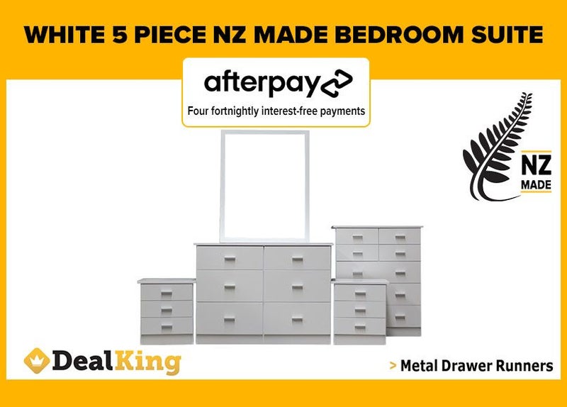 • WHITE FULLY ASSEMBLED 5PC NZ MADE BEDROOM SUITE $1239 • Carousel 1