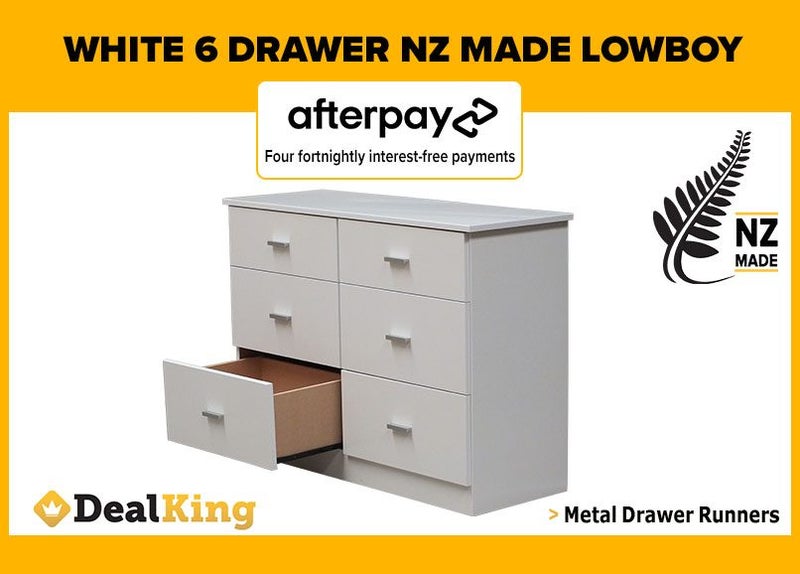 • WHITE FULLY ASSEMBLED 6 DRAWER NZ MADE LOWBOY $515 • Carousel 1