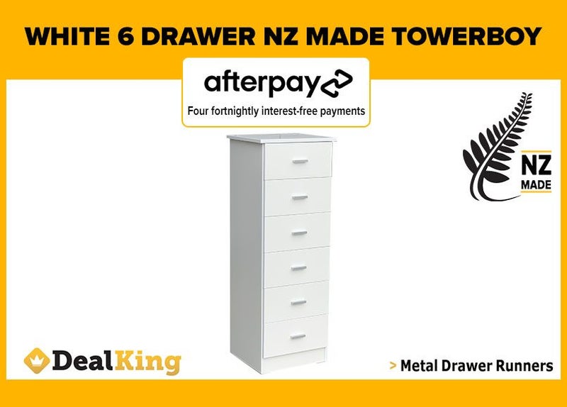 • WHITE FULLY ASSEMBLED 6 DRAWER NZ MADE TOWERBOY $295 • Carousel 1