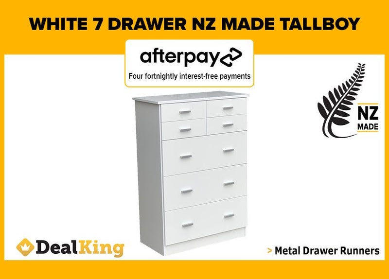 • WHITE FULLY ASSEMBLED 7 DRAWER NZ MADE TALLBOY $395 • Carousel 1