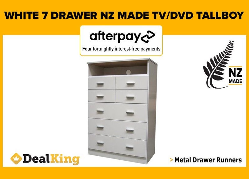 • WHITE FULLY ASSEMBLED 7 DRAWER TV/DVD NZ MADE TALLBOY $389 • Carousel 1
