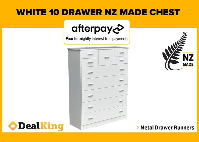 • WHITE FULLY ASSEMBLED 10 DRAWER NZ MADE TALLBOY $545 • Carousel 1