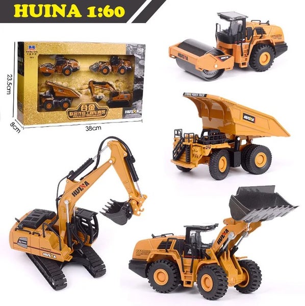 Die-cast Dump Truck Digger Loader Roller Set of 4, 1:60, Huina 7619 YELLOW METAL Carousel 1