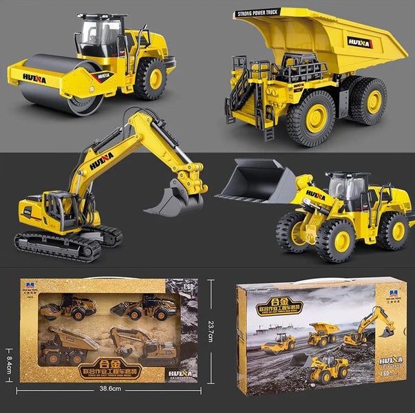 Die-cast Dump Truck Digger Loader Roller Set of 4, 1:60, Huina 7619 YELLOW METAL Carousel 2