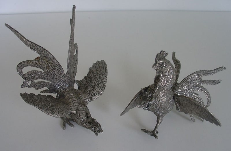 Pair of White Metal Fighting Roosters Carousel 1