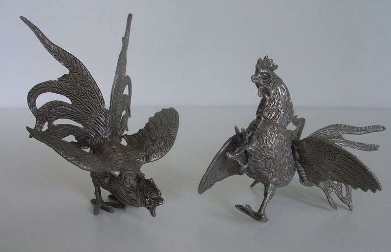 Pair of White Metal Fighting Roosters Carousel 2