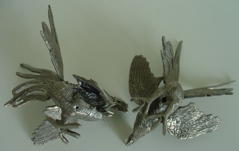 Pair of White Metal Fighting Roosters Carousel 12