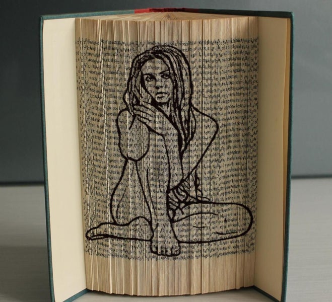 Naked Sitting Woman, Sensual art image engraved in book, unique Home Decor Carousel 1