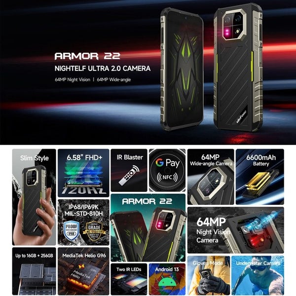 Ulefone Armor 22, 8GB+128GB IP68/IP69K Rugged Phone 6.58" 64MP Cam Android 13 4G62863861495809111