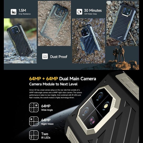 Ulefone Armor 22, 8GB+128GB IP68/IP69K Rugged Phone 6.58" 64MP Cam Android 13 4G62863861495809113