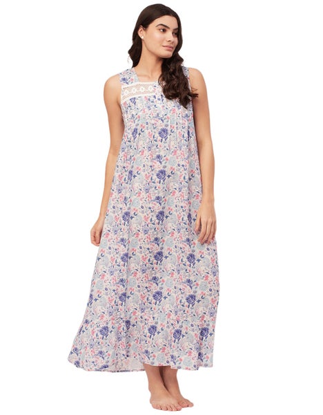 Moomaya Sleepwear, Sleeveless Long Nightdress, Printed Square Neck Nightgown Carousel 1