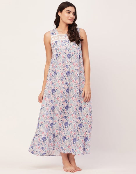 Moomaya Sleepwear, Sleeveless Long Nightdress, Printed Square Neck Nightgown Carousel 2