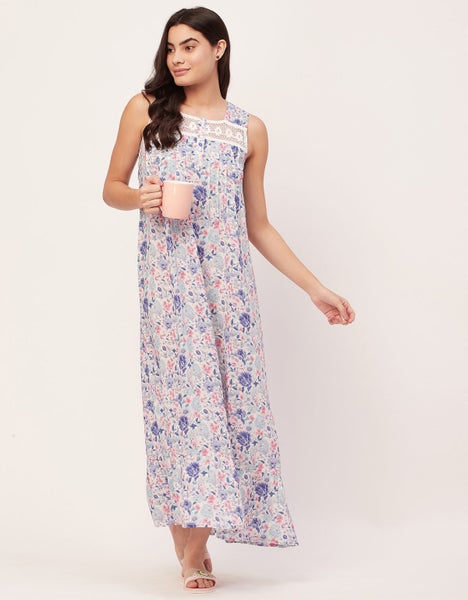 Moomaya Sleepwear, Sleeveless Long Nightdress, Printed Square Neck Nightgown Carousel 9