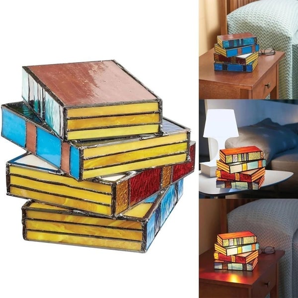 Stained Glass Stacked Books Lamp,Stained Glass Table Lamp, Vergissim Book Light Carousel 1