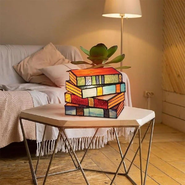 Stained Glass Stacked Books Lamp,Stained Glass Table Lamp, Vergissim Book Light Carousel 2