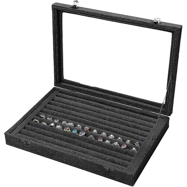 Velvet Ring Storage Box - Jewelry Holder With Clear Glass Lid Hold Up To Display Carousel 1