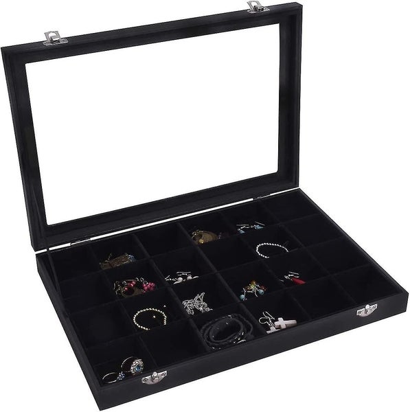 Velvet Jewelry Box, Jewelry Display, 24 Compartments, Glass Lid, Black, Faj-083 Carousel 1