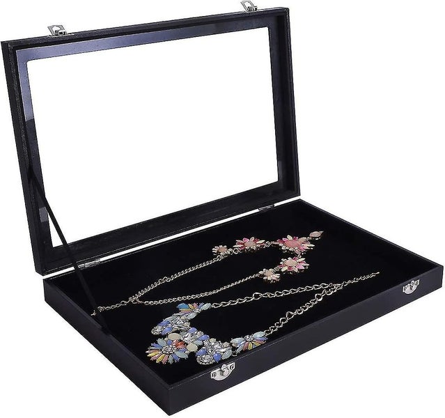 Velvet Jewelry Box, Jewelry Display, 24 Compartments, Glass Lid, Black, Faj-083 Carousel 5