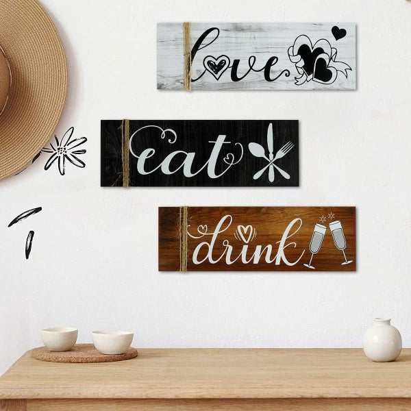3 Pcs Wooden Wall Art Signs Rustic Wooden Eat Drink Love Wood Sign Decorative Carousel 1