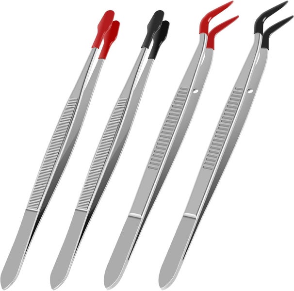4pcs Tweezers Set with Rubber Tip Stainless Steel Tweezers Kit with 2 Flat Ti Carousel 1