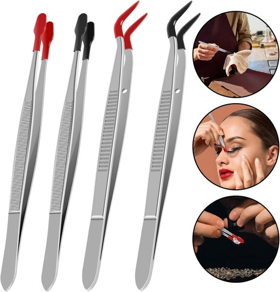 4pcs Tweezers Set with Rubber Tip Stainless Steel Tweezers Kit with 2 Flat Ti Carousel 2