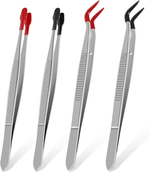 4pcs Tweezers Set with Rubber Tip Stainless Steel Tweezers Kit with 2 Flat Ti Carousel 8
