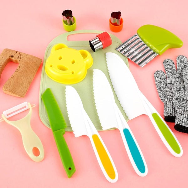 13Pcs Kids Kitchen Cutter Set with Gloves Serrated Edge Cutter Cutting Board Carousel 2