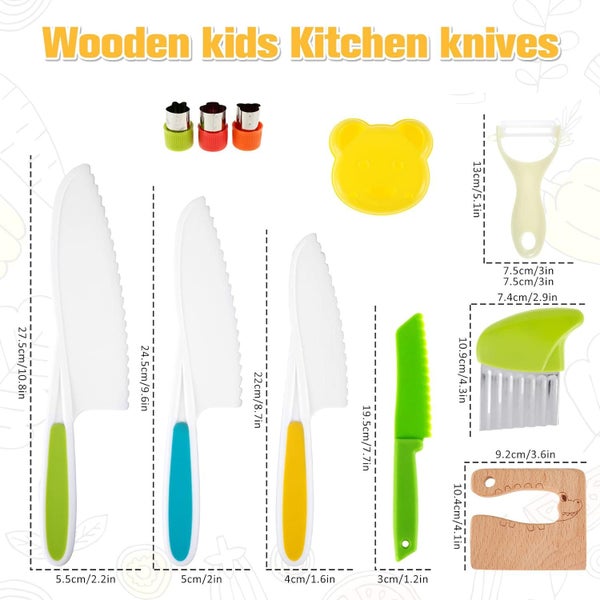 13Pcs Kids Kitchen Cutter Set with Gloves Serrated Edge Cutter Cutting Board Carousel 7