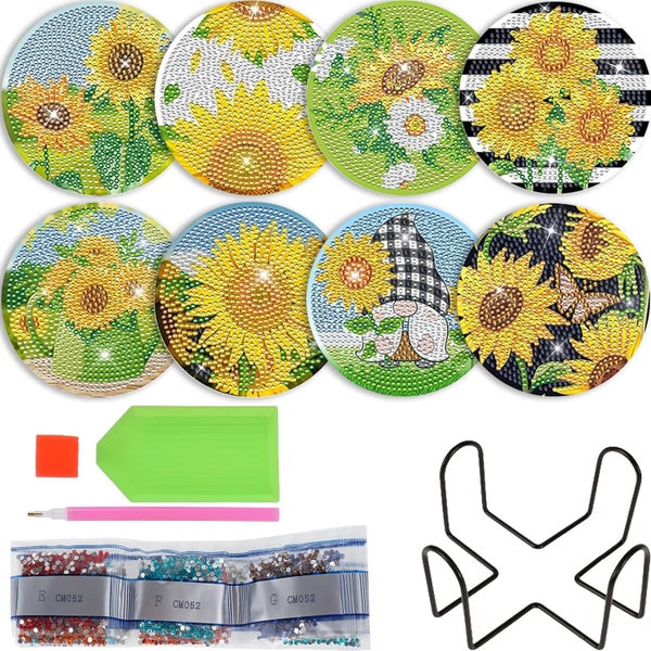 8 Pcs Diamond Paint Cup Mat with Holder Sunflower Gnome Diamond Drawing Cup K Carousel 1