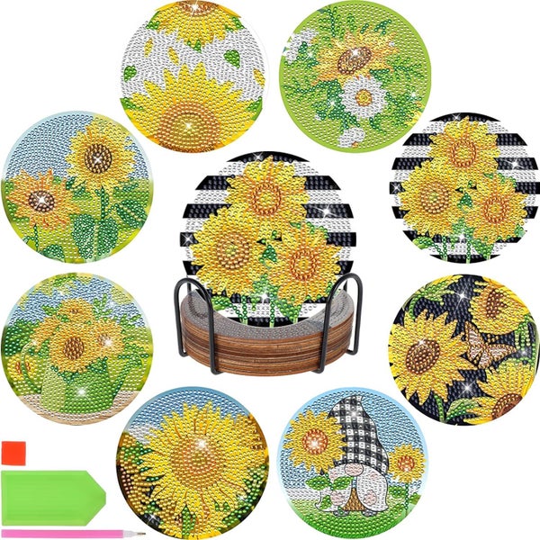 8 Pcs Diamond Paint Cup Mat with Holder Sunflower Gnome Diamond Drawing Cup K Carousel 8