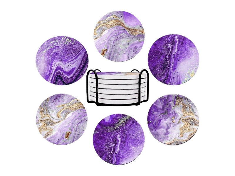 6Pcs Marble Textured Round Coasters with with Cork Base and Metal Holder Set Carousel 1