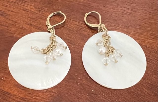 Gold Tone Mother of Pearl and Clear/Faux Pearl Bead Disc Dangle Earrings Carousel 1