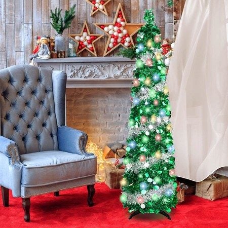 1.5m Christmas Tree with 50 Color Lights Artificial Pop Up Collapsible Tinsel Carousel 1