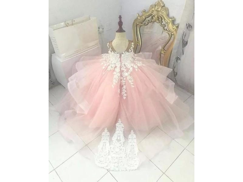 Lace Flower Girl Dresses Sheer Neck Tiers Ball Gown Little Girl Wedding Dresses Carousel 1