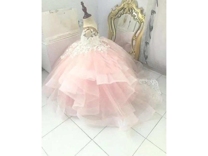 Lace Flower Girl Dresses Sheer Neck Tiers Ball Gown Little Girl Wedding Dresses Carousel 2