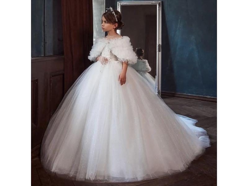 White Lace Floor Length Flower Girl Dress For First Communion Party Carousel 2