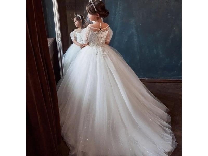 White Lace Floor Length Flower Girl Dress For First Communion Party Carousel 1