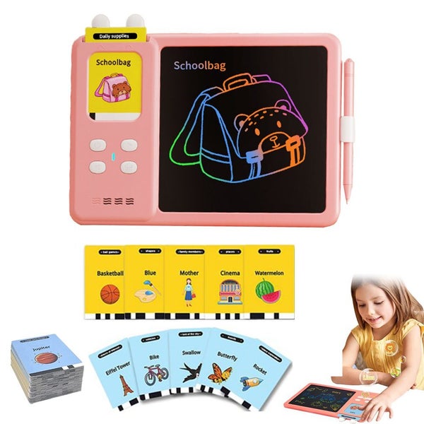 224 Words Talking Flash Cards with LCD Writing Tablet Drawing Pad Toy Kids-Pink Carousel 1