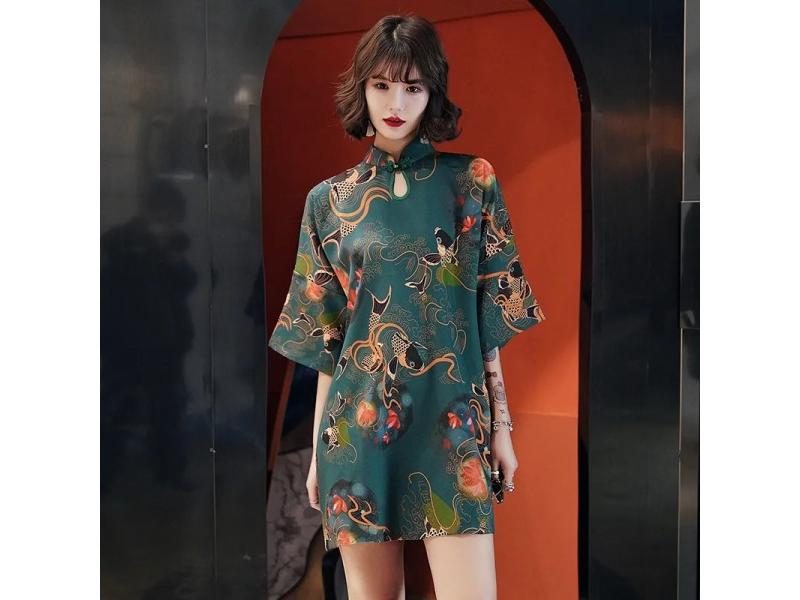 Traditional Chinese Hanfu Qi Pao Women's Retro Cheongsam With Carp Crane Print Carousel 2