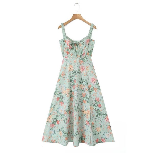 YENKYE Women French Style Floral Print A-line Midi Sling Dress Sexy Carousel 2
