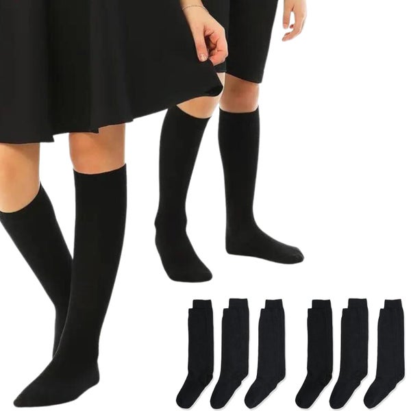 6x Pairs School Uniform Knee High Socks Cotton Rich Girls Boys Kids Bulk - Black Carousel 1