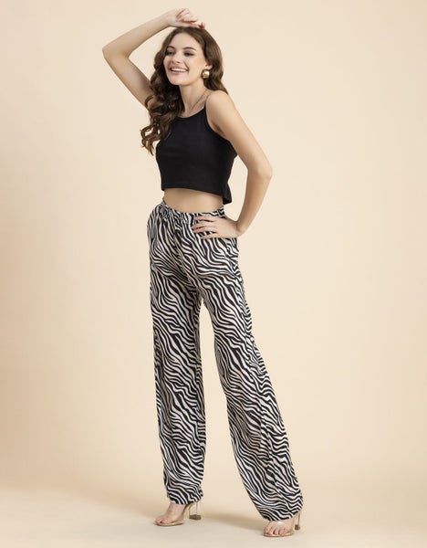 Moomaya Wide Leg Printed Palazzo Pants For Womens, Elastic Waist Carousel 1