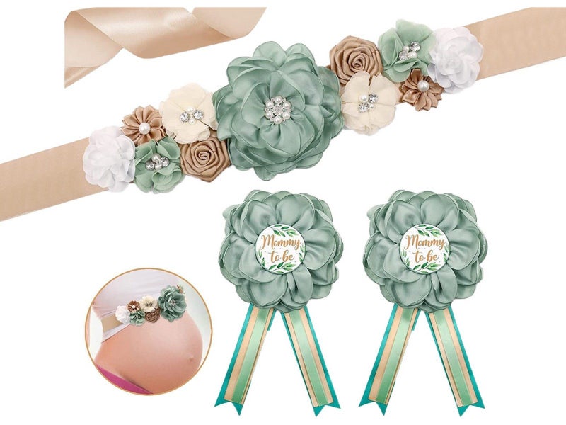 Maternity Sash and Corsage Kit Gender Reveal Party Keepsake Photo Props - Green Carousel 1