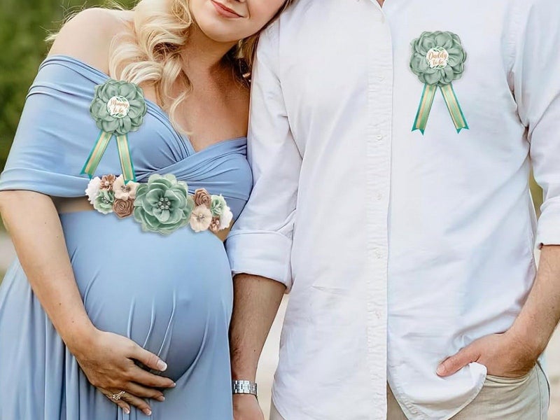 Maternity Sash and Corsage Kit Gender Reveal Party Keepsake Photo Props - Green Carousel 2