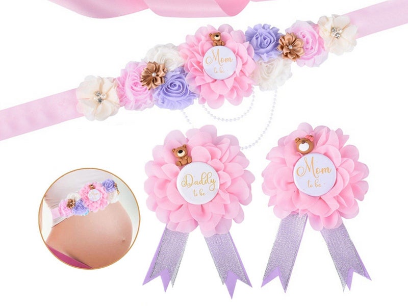 Maternity Sash and Corsage Kit Gender Reveal Party Keepsake Photo Props - Pink Carousel 1
